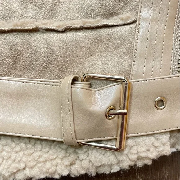 TAUPE BROWN FAUX FUR SUEDE MOTO JACKET BIKER COAT - Picture 11 of 14